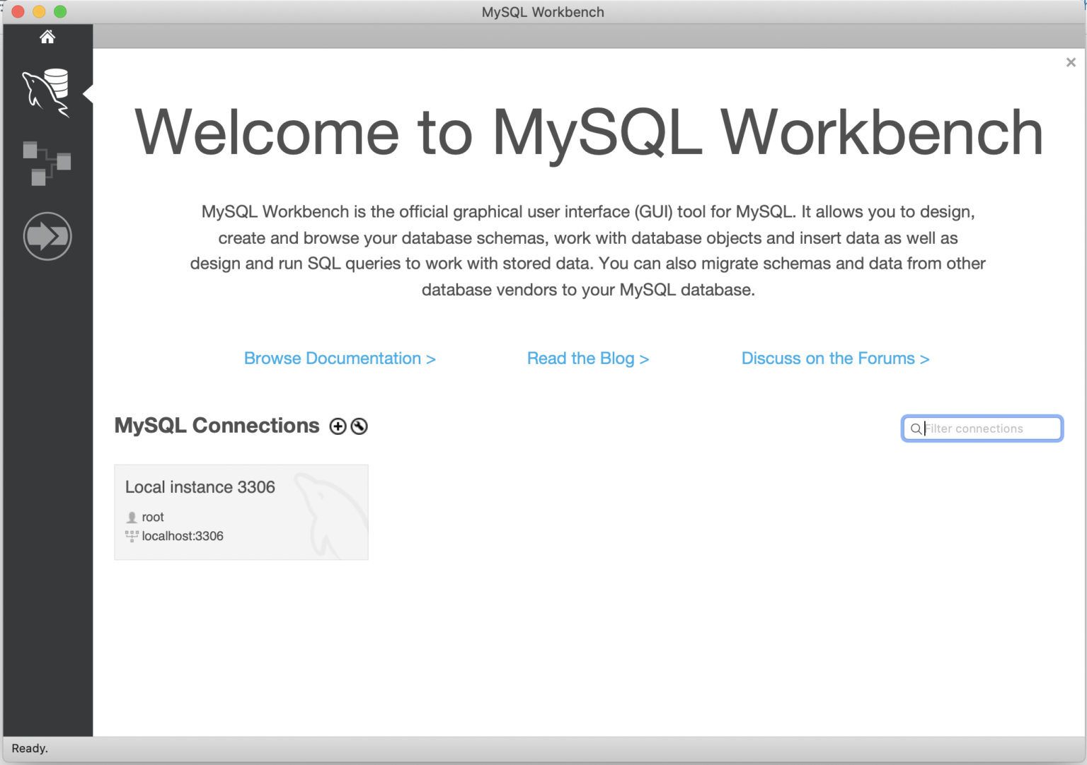 Ready to connect. Welcome to MYSQL workbench. MYSQL скрин интерфейса.