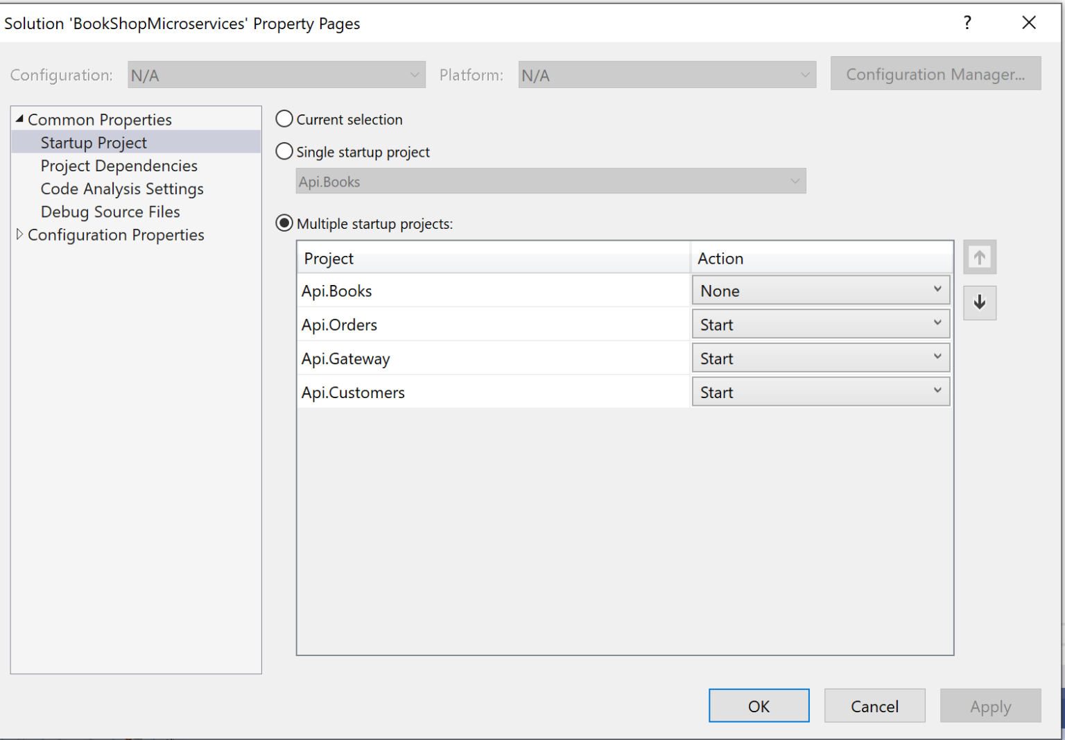 Client config file. Startup Project. Product Page properties. Selection. Startup configuration.